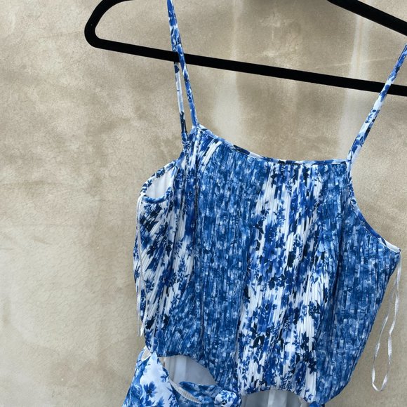 Amur Holland Tie Pleated Chiffon Maxi Spaghetti Strap Dress Blue Floral Print - Picture 5 of 13